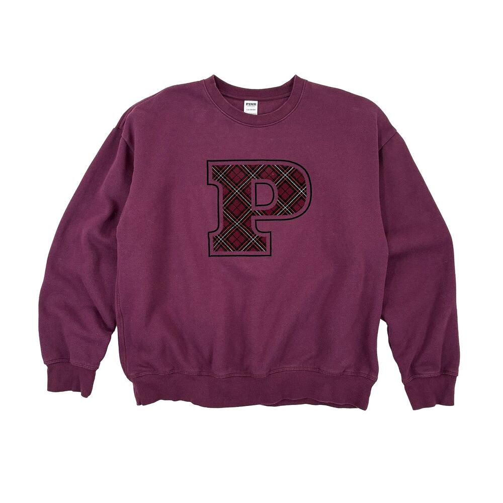 PINK Victorias Secret Plaid P Sweatshirt Size L Burgundy Crewneck Varsity Preppy